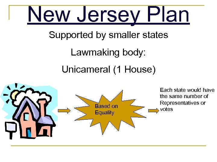 New Jersey Plan Supported by smaller states Lawmaking body: Unicameral (1 House) Based on