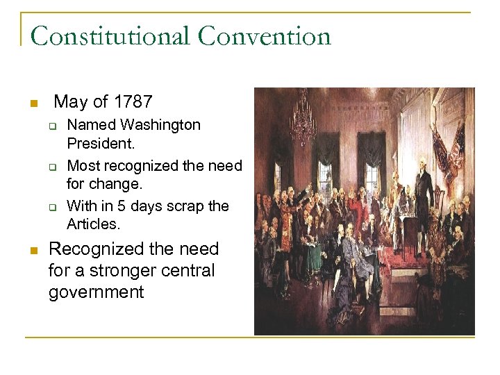Constitutional Convention n May of 1787 q q q n Named Washington President. Most