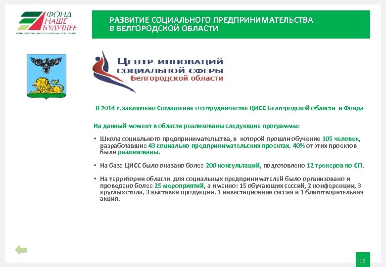 РАЗВИТИЕ СОЦИАЛЬНОГО ПРЕДПРИНИМАТЕЛЬСТВА В БЕЛГОРОДСКОЙ ОБЛАСТИ В 2014 г. заключено Соглашение о сотрудничестве ЦИСС