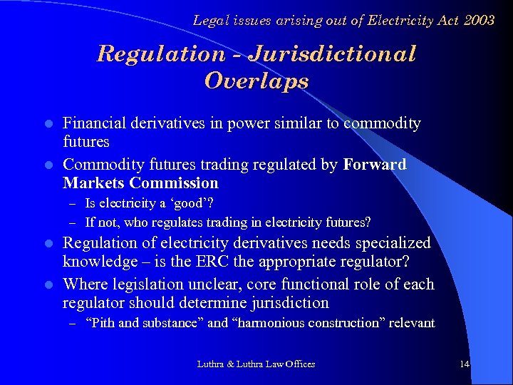 Legal issues arising out of Electricity Act 2003 Regulation - Jurisdictional Overlaps Financial derivatives