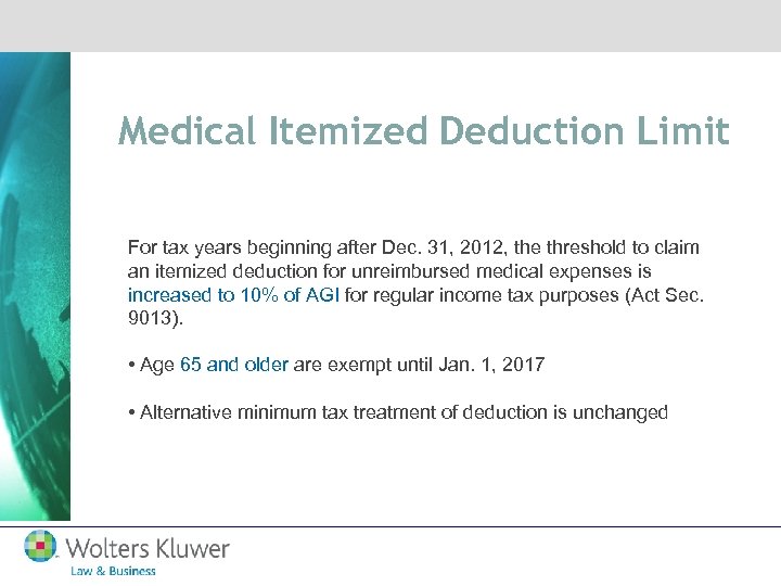 Medical Itemized Deduction Limit For tax years beginning after Dec. 31, 2012, the threshold