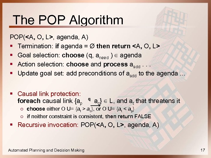 The POP Algorithm POP(<A, O, L>, agenda, A) § Termination: if agenda = Ø