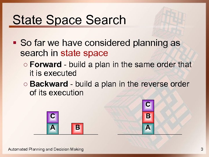 State Space Search § So far we have considered planning as search in state
