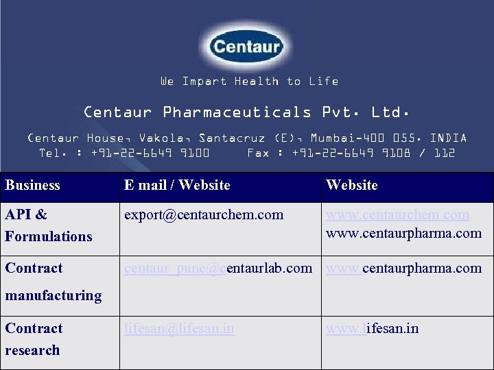 We Impart Health to Life Centaur Pharmaceuticals Pvt. Ltd. Centaur House, Vakola, Santacruz (E),