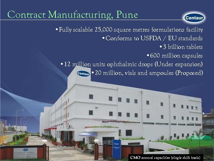 Contract Manufacturing, Pune • Fully scalable 25, 000 square metres formulations facility • Conforms