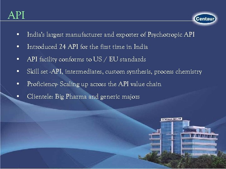 API • India's largest manufacturer and exporter of Psychotropic API • Introduced 24 API