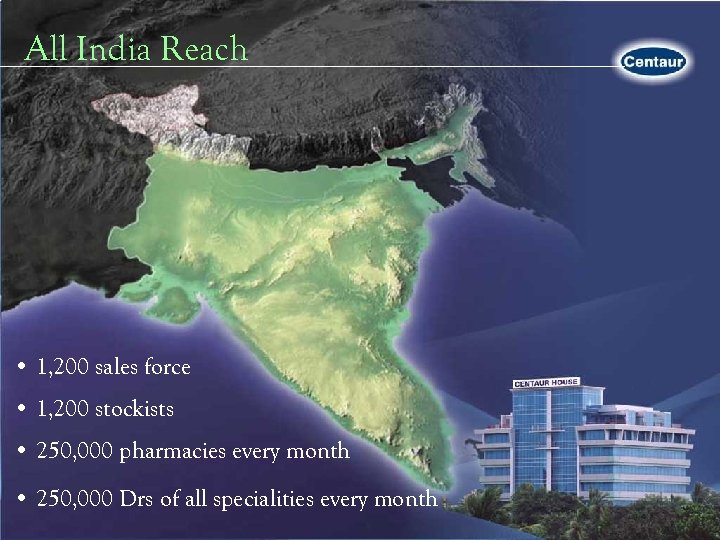 All India Reach • 1, 200 sales force • 1, 200 stockists • 250,