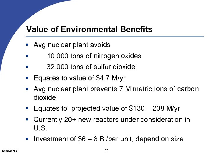 Value of Environmental Benefits Avg nuclear plant avoids 10, 000 tons of nitrogen oxides