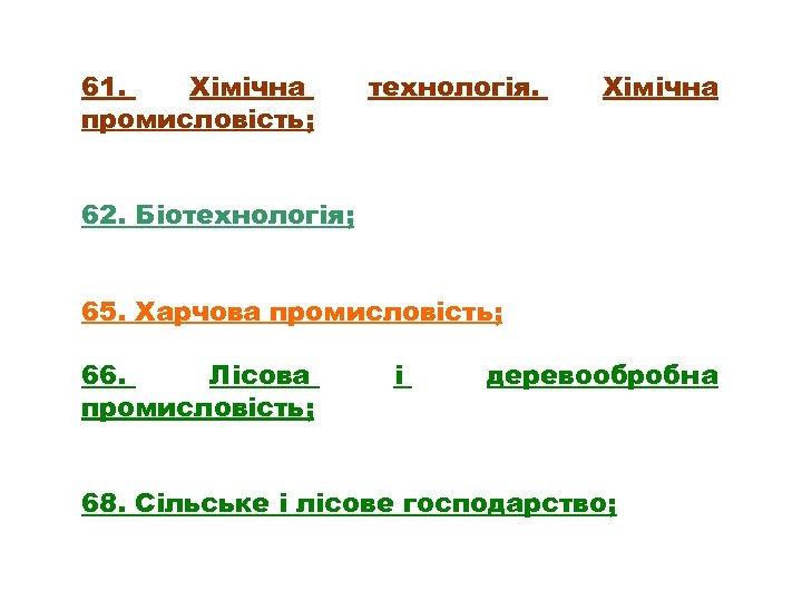 61. Хімічна промисловість; технологія. Хімічна 62. Біотехнологія; 65. Харчова промисловість; 66. Лісова і деревообробна