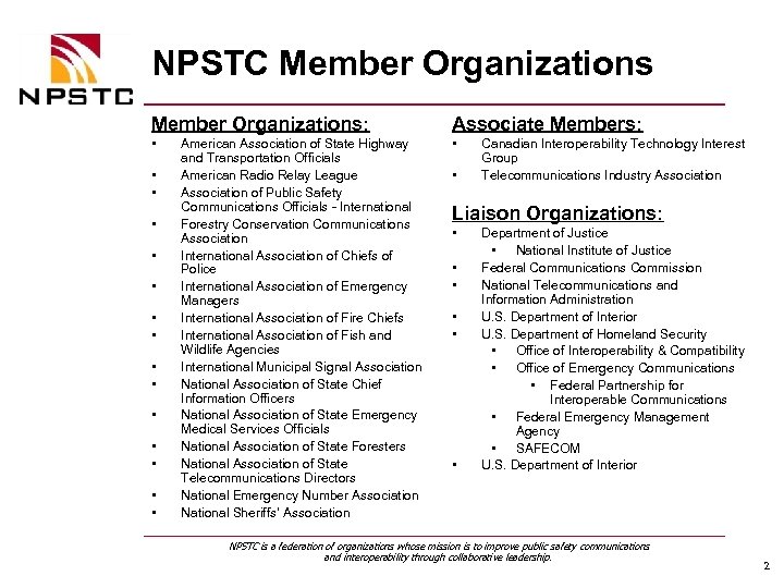NPSTC Member Organizations: Associate Members: • • • • American Association of State Highway