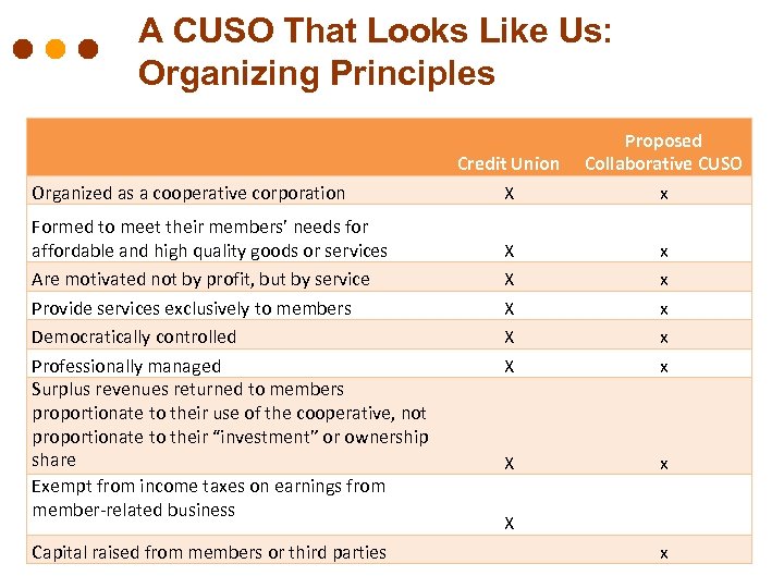 A CUSO That Looks Like Us: Organizing Principles Organized as a cooperative corporation Formed