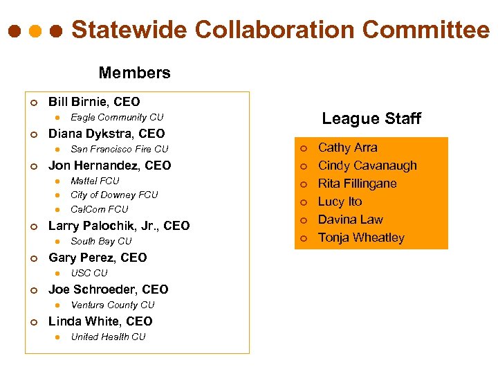 Statewide Collaboration Committee Members ¢ Bill Birnie, CEO l ¢ Diana Dykstra, CEO l