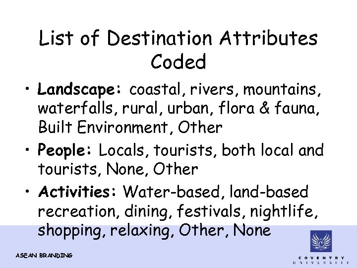 List of Destination Attributes Coded • Landscape: coastal, rivers, mountains, waterfalls, rural, urban, flora
