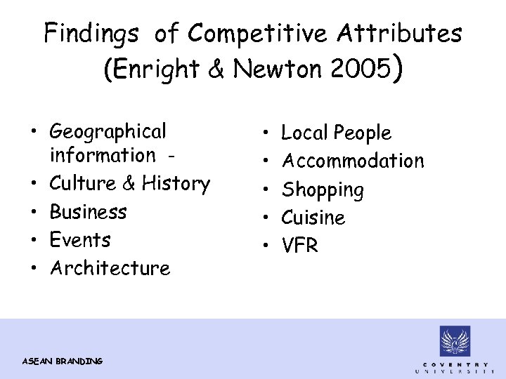 Findings of Competitive Attributes (Enright & Newton 2005) • Geographical information • Culture &