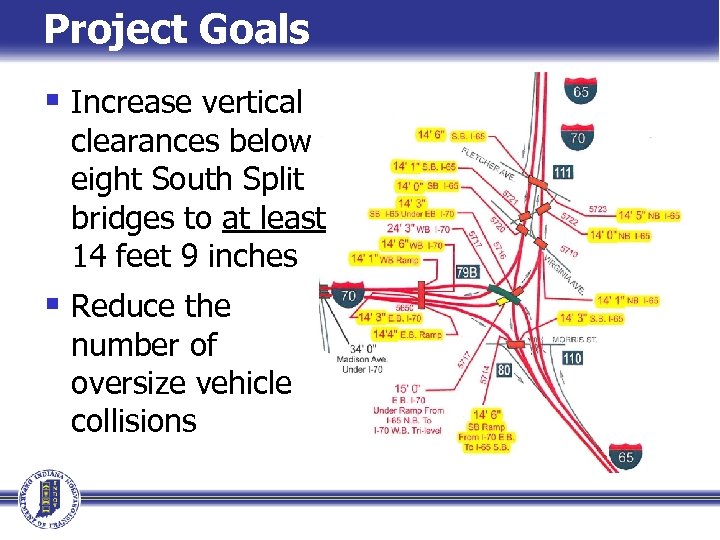 Project Goals § Increase vertical clearances below eight South Split bridges to at least