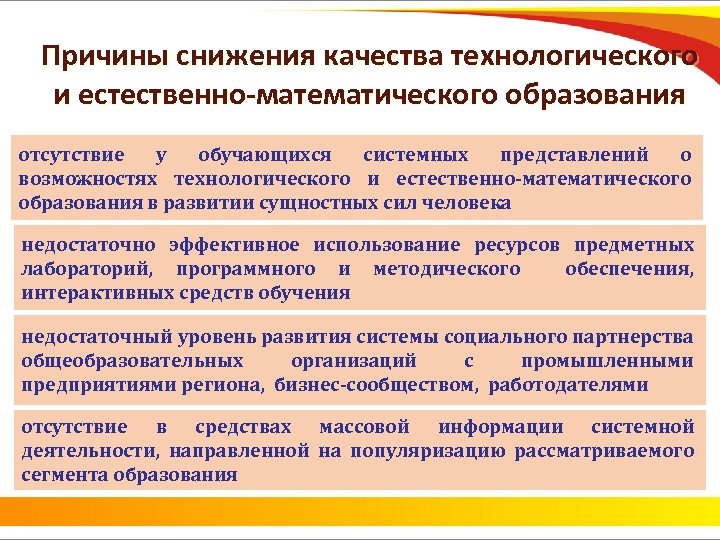 Причины снижения качества технологического и естественно-математического образования отсутствие у обучающихся системных представлений о возможностях