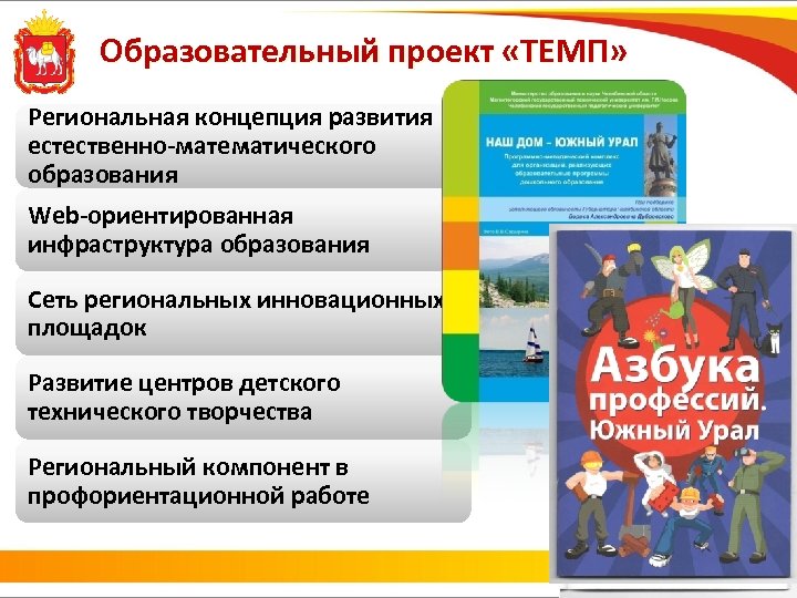Образовательный проект «ТЕМП» Региональная концепция развития естественно-математического образования Web-ориентированная инфраструктура образования Сеть региональных инновационных