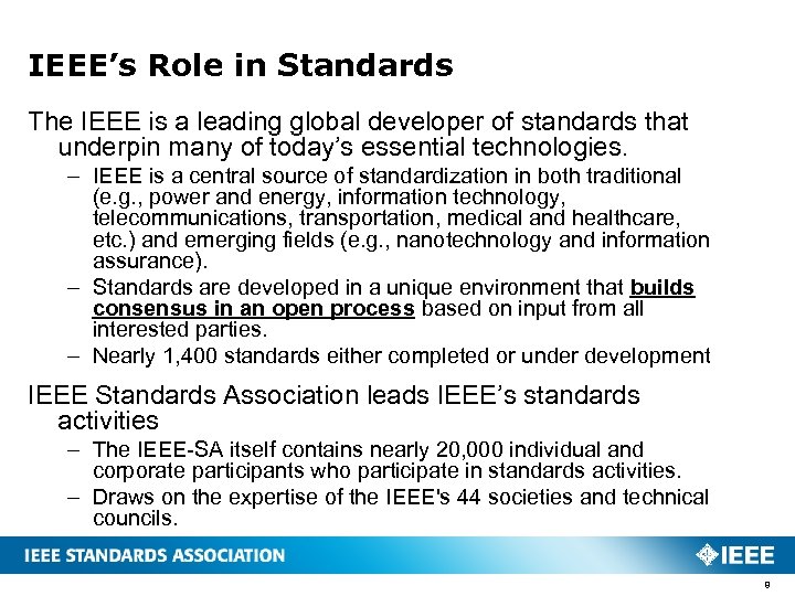 IEEE’s Role in Standards The IEEE is a leading global developer of standards that