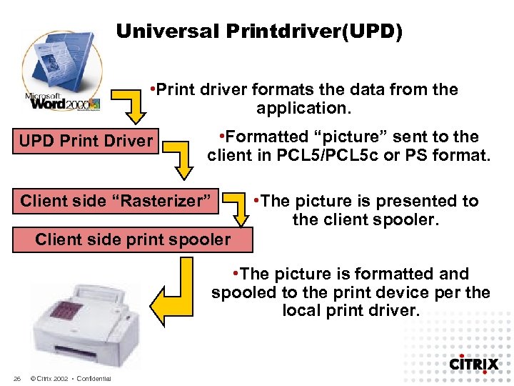 Universal Printdriver(UPD) • Print driver formats the data from the application. UPD Print Driver