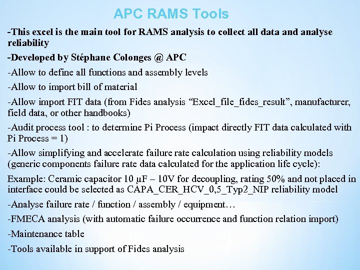 APC RAMS Tools -This excel is the main tool for RAMS analysis to collect