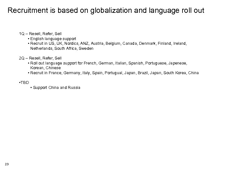 Recruitment is based on globalization and language roll out 1 Q – Resell, Refer,