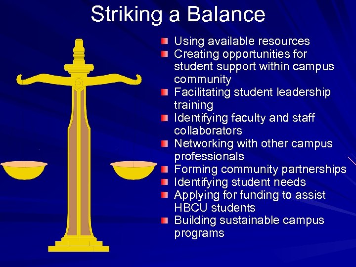Striking a Balance Using available resources Creating opportunities for student support within campus community