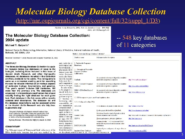 Molecular Biology Database Collection (http: //nar. oupjournals. org/cgi/content/full/32/suppl_1/D 3) -- 548 key databases of