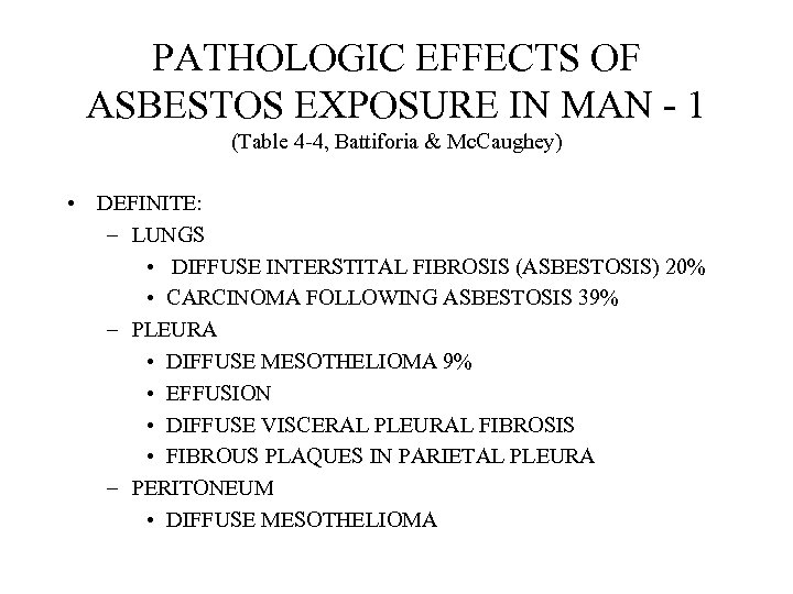 PATHOLOGIC EFFECTS OF ASBESTOS EXPOSURE IN MAN - 1 (Table 4 -4, Battiforia &