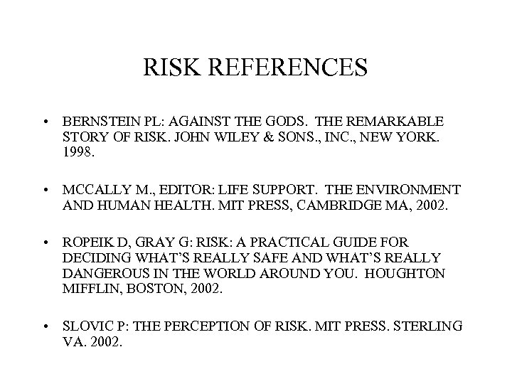 RISK REFERENCES • BERNSTEIN PL: AGAINST THE GODS. THE REMARKABLE STORY OF RISK. JOHN
