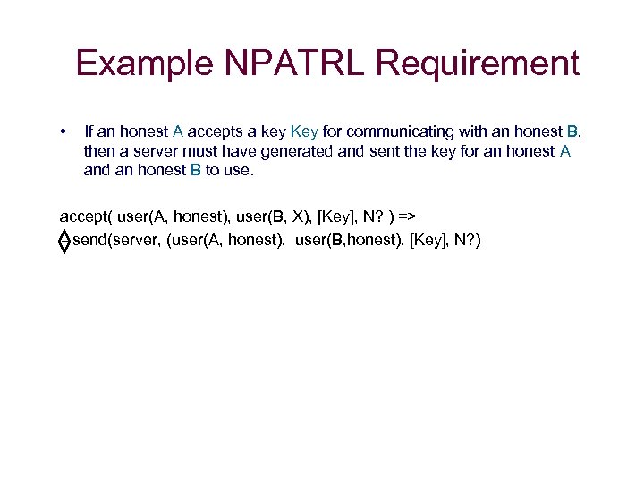 Example NPATRL Requirement • If an honest A accepts a key Key for communicating