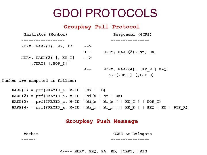 GDOI PROTOCOLS Groupkey Pull Protocol Initiator (Member) Responder (GCKS) --------- -------- HDR*, HASH(1), Ni,