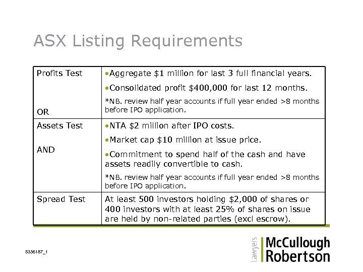 ASX Listing Requirements Profits Test • Aggregate $1 million for last 3 full financial