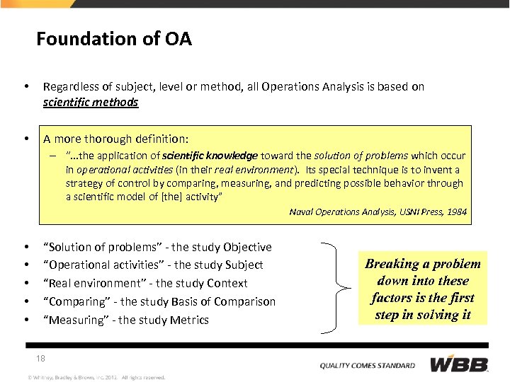 Foundation of OA • Regardless of subject, level or method, all Operations Analysis is