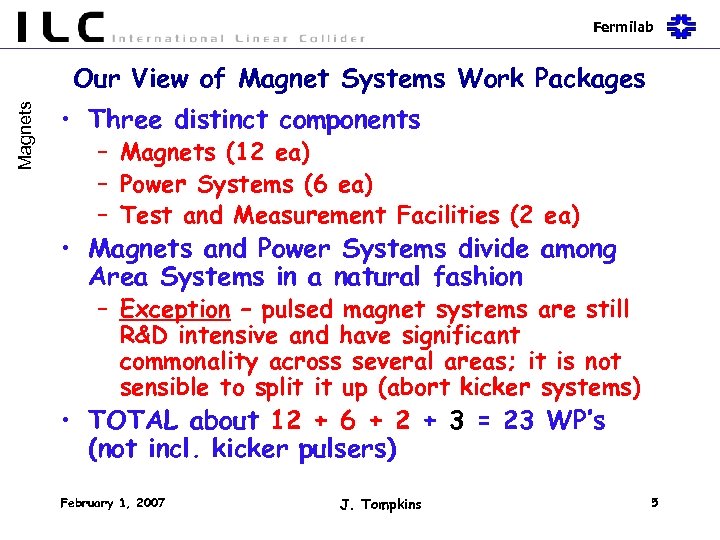 Fermilab Magnets Our View of Magnet Systems Work Packages • Three distinct components –