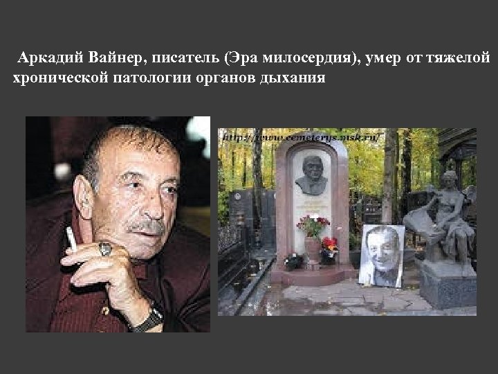 Аркадий Вайнер, писатель (Эра милосердия), умер от тяжелой хронической патологии органов дыхания 