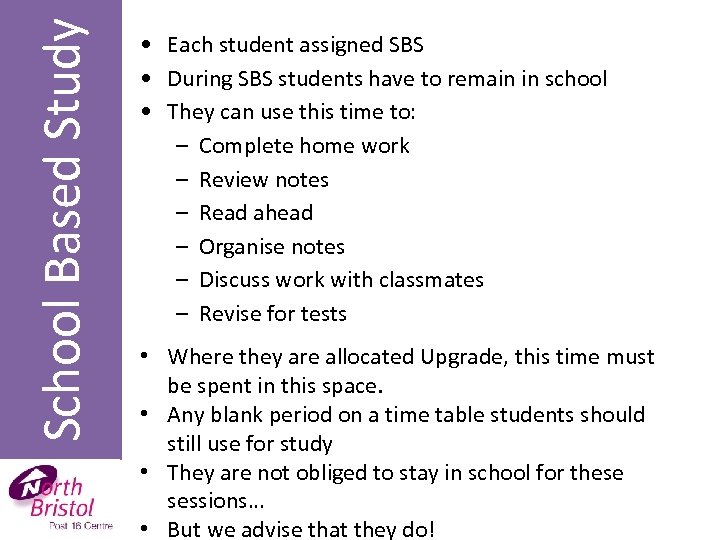 School Based Study • Each student assigned SBS • During SBS students have to