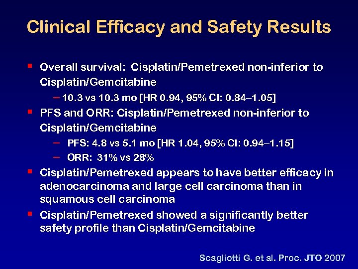 Clinical Efficacy and Safety Results § § Overall survival: Cisplatin/Pemetrexed non-inferior to Cisplatin/Gemcitabine –