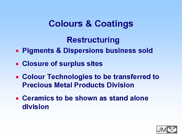 Colours & Coatings Restructuring · Pigments & Dispersions business sold · Closure of surplus