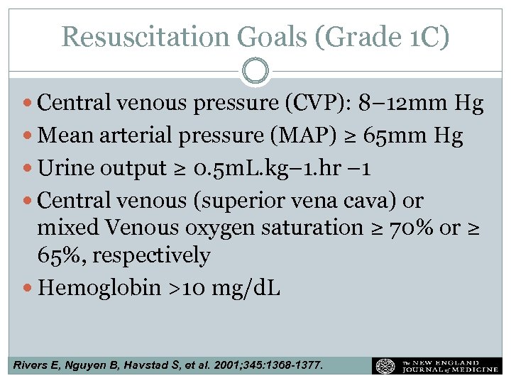 Resuscitation Goals (Grade 1 C) Central venous pressure (CVP): 8– 12 mm Hg Mean