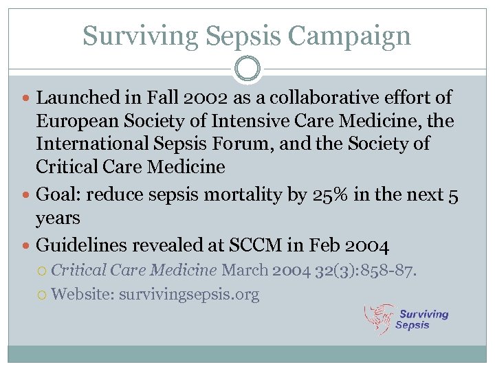 Surviving Sepsis Campaign Launched in Fall 2002 as a collaborative effort of European Society