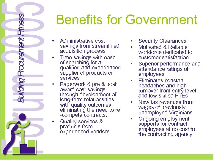 Benefits for Government • • Administrative cost savings from streamlined acquisition process Time savings