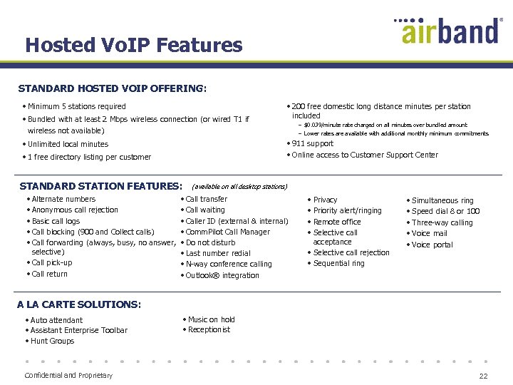 Hosted Vo. IP Features STANDARD HOSTED VOIP OFFERING: • Minimum 5 stations required •