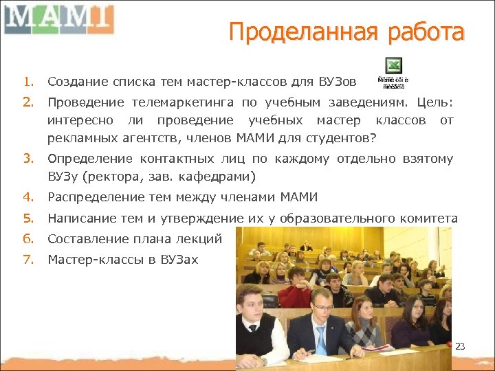 Проделанная работа 1. Создание списка тем мастер-классов для ВУЗов 2. Проведение телемаркетинга по учебным