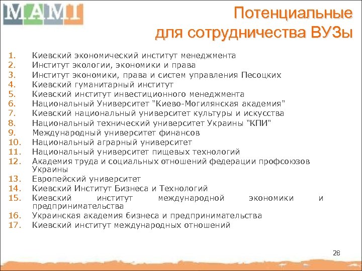 Потенциальные для сотрудничества ВУЗы 1. 2. 3. 4. 5. 6. 7. 8. 9. 10.