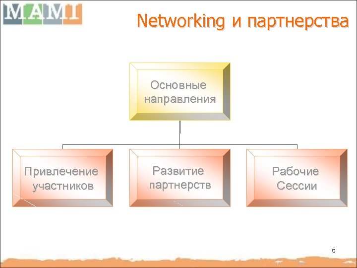 Networking и партнерства Основные направления Привлечение участников Развитие партнерств Рабочие Сессии 6 