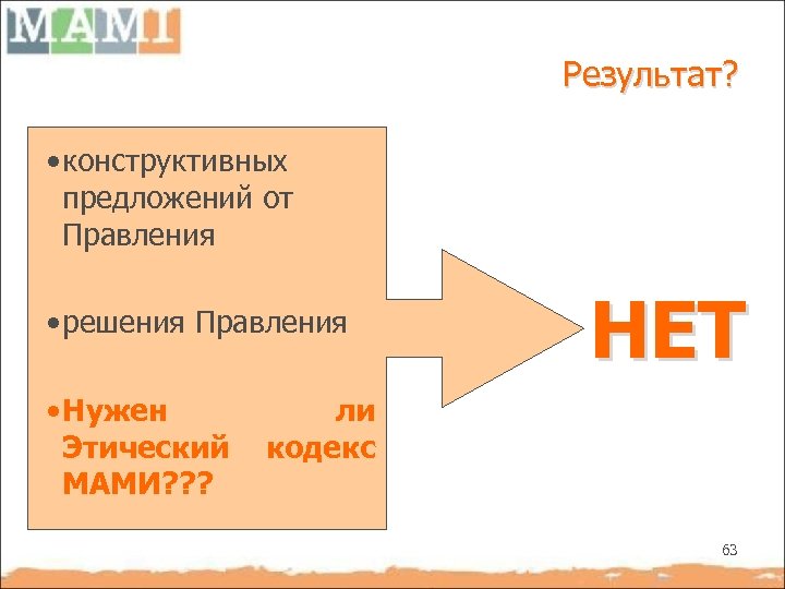 Результат? • конструктивных предложений от Правления • решения Правления • Нужен Этический МАМИ? ?