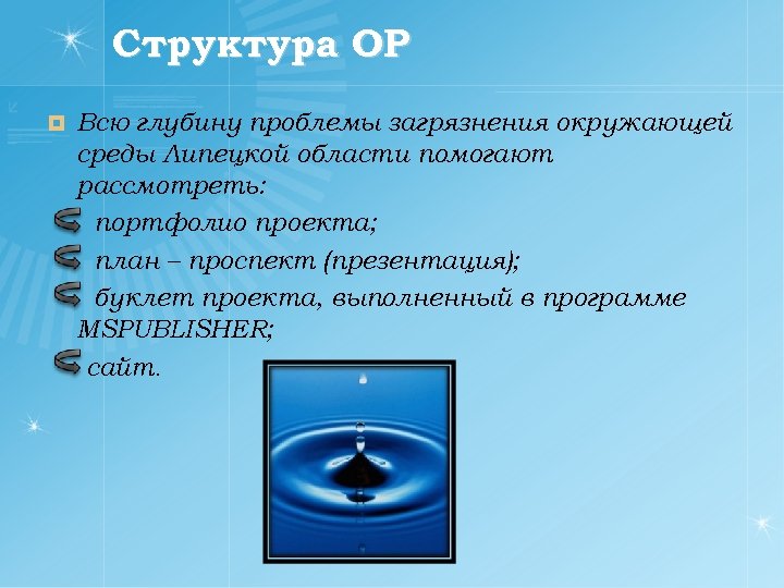 Структура ОР ¤ Всю глубину проблемы загрязнения окружающей среды Липецкой области помогают рассмотреть: портфолио