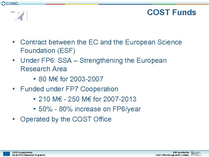 ICT COST Funds • Contract between the EC and the European Science Foundation (ESF)