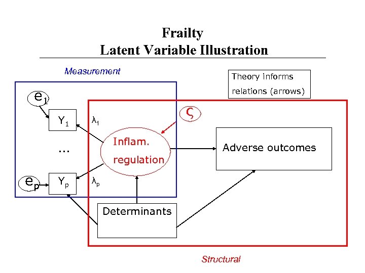 Frailty Latent Variable Illustration Measurement relations (arrows) e 1 Yp ς λ 1 Inflam.