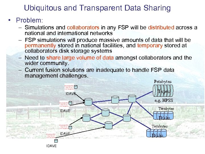 Ubiquitous and Transparent Data Sharing • Problem: – Simulations and collaborators in any FSP